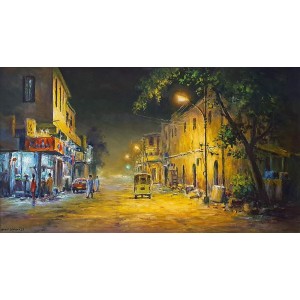 Hanif Shahzad, Street at Night II- Karachi, 14 x 26 Inch, Oil on Canvas, Cityscape Painting, AC-HNS-060